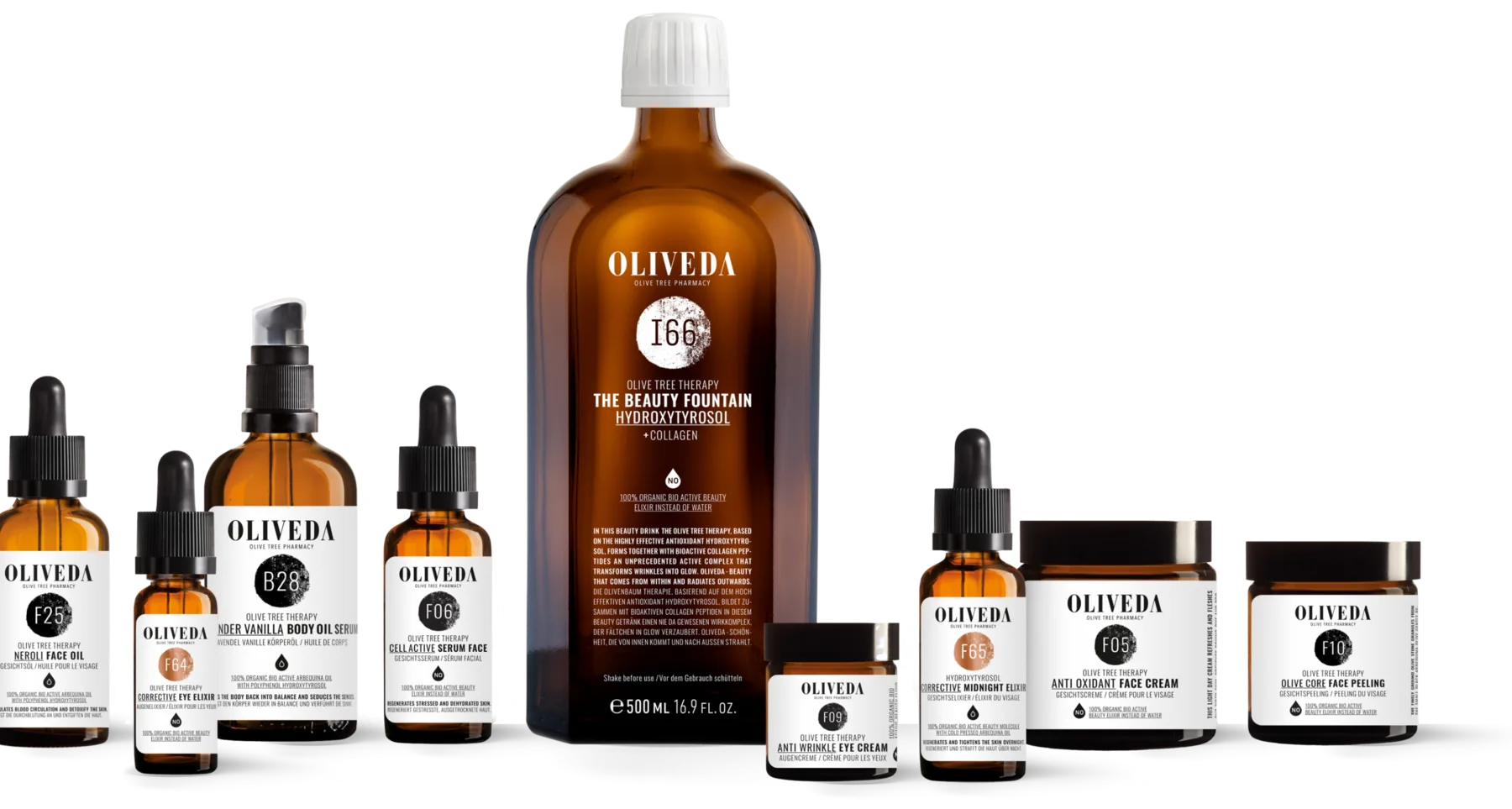 The Oliveda range of amber dropper bottles, pumps and jars