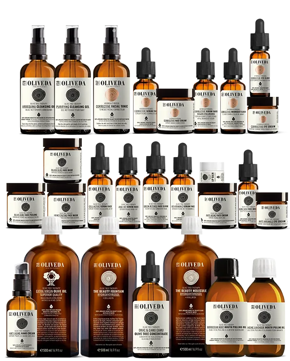 Oliveda skincare range in amber bottles and jars